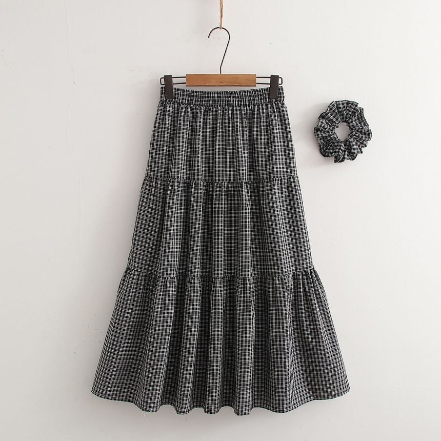 Elastic Waist Plaid Midi A-Line Skirt