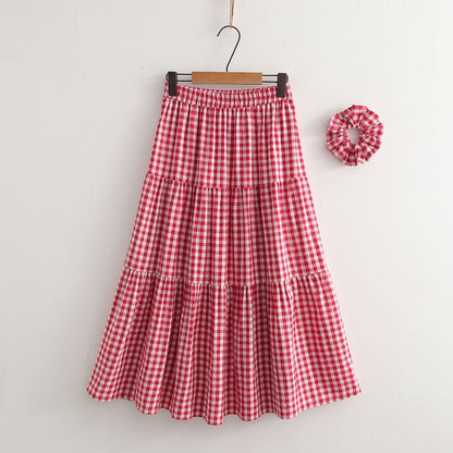 Elastic Waist Plaid Midi A-Line Skirt
