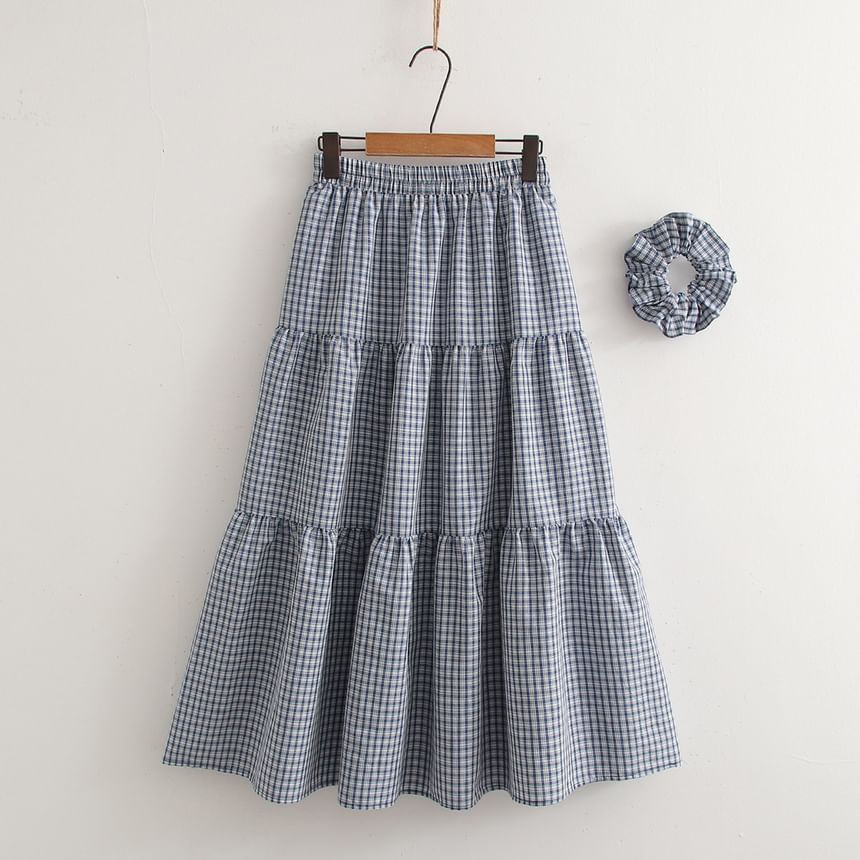 Elastic Waist Plaid Midi A-Line Skirt