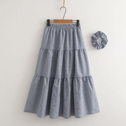 Elastic Waist Plaid Midi A-Line Skirt