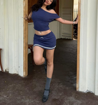 Set: Short Sleeve Cold Shoulder Plain Slim-Fit Crop Top + Low Waist Mini Skirt