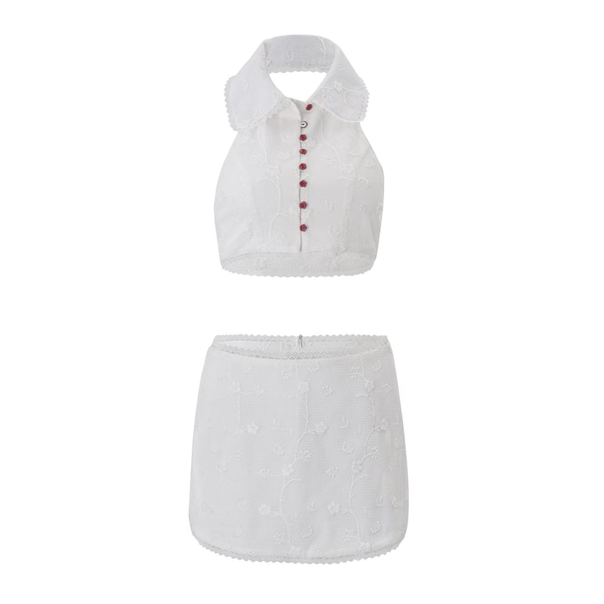 Set: Collared Lace-Trim Crop Tank Top + Low Waist Mini Skirt