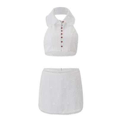 Set: Collared Lace-Trim Crop Tank Top + Low Waist Mini Skirt
