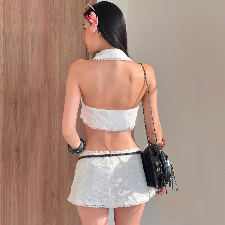 Set: Collared Lace-Trim Crop Tank Top + Low Waist Mini Skirt
