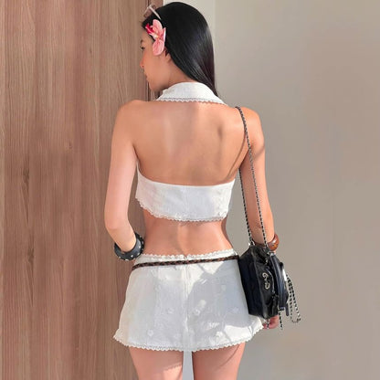 Set: Collared Lace-Trim Crop Tank Top + Low Waist Mini Skirt