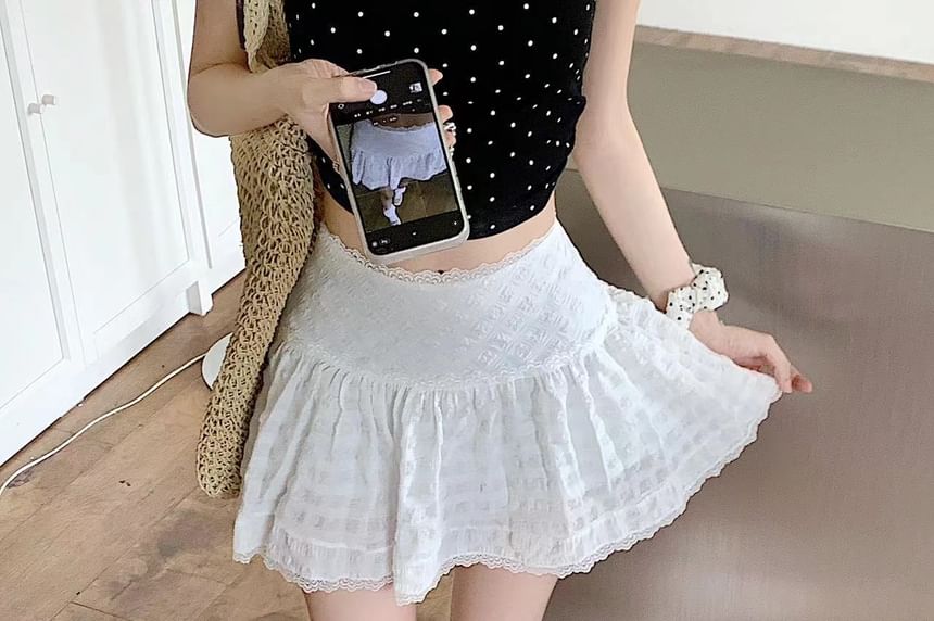 High Waist Lace-Trim Textured Mini A-Line Skirt