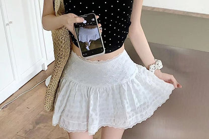 High Waist Lace-Trim Textured Mini A-Line Skirt