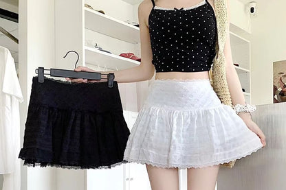 High Waist Lace-Trim Textured Mini A-Line Skirt