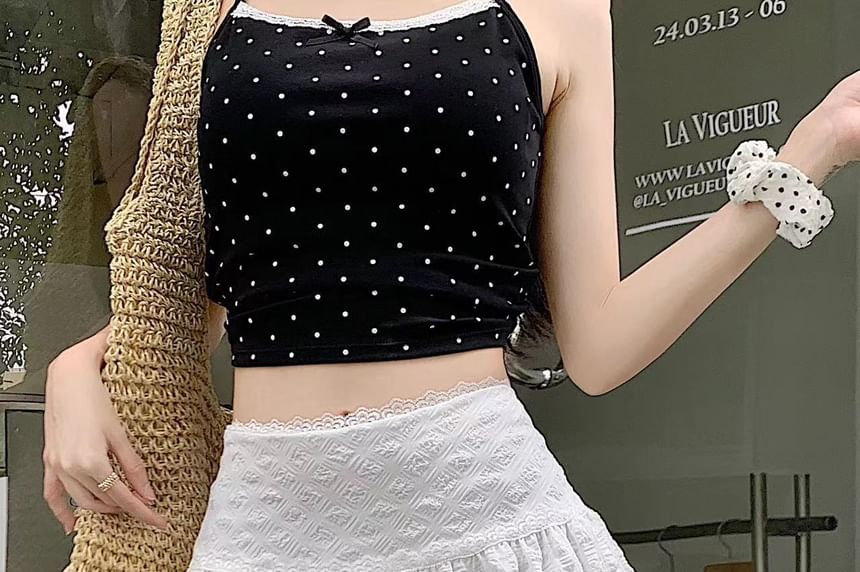 High Waist Lace-Trim Textured Mini A-Line Skirt