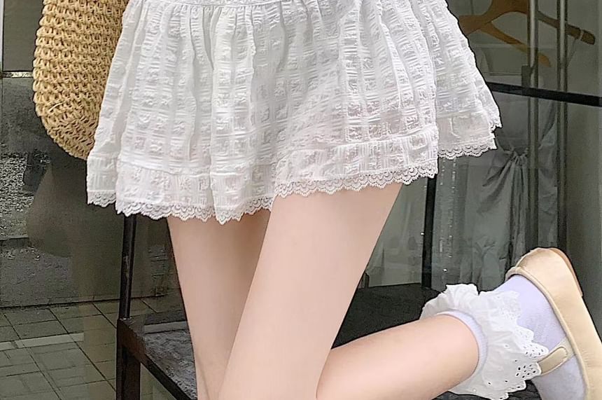 High Waist Lace-Trim Textured Mini A-Line Skirt
