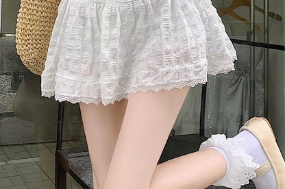 High Waist Lace-Trim Textured Mini A-Line Skirt