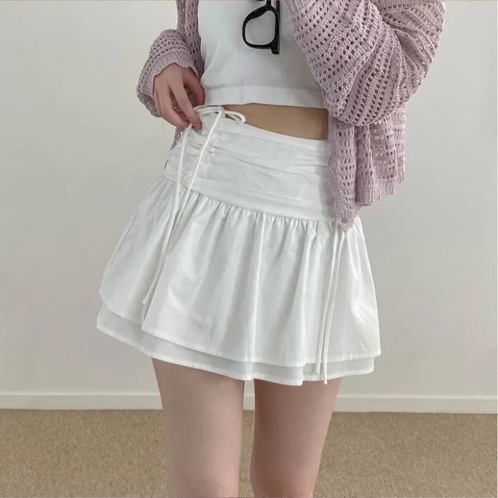 High Waist Plain Ruched Mini Layered A-Line Skirt