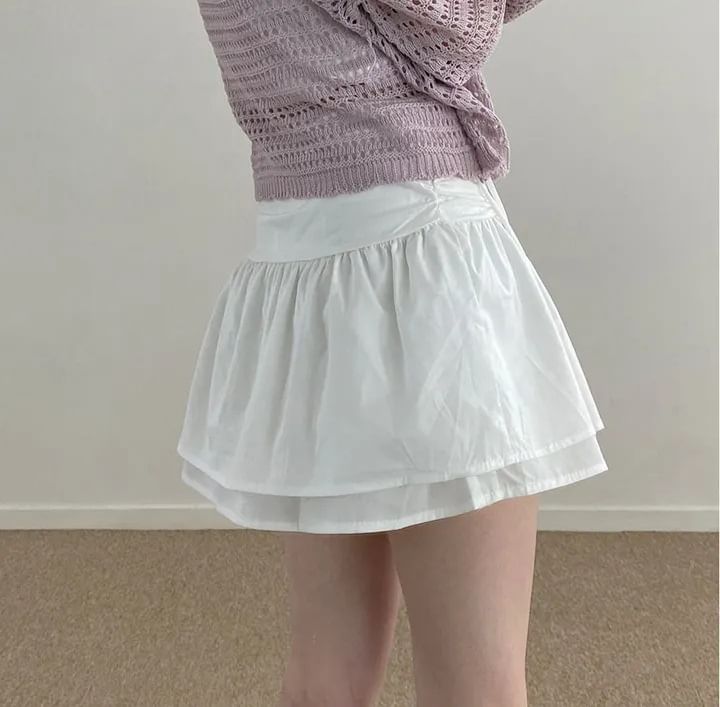 High Waist Plain Ruched Mini Layered A-Line Skirt