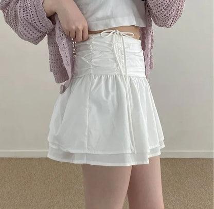 High Waist Plain Ruched Mini Layered A-Line Skirt