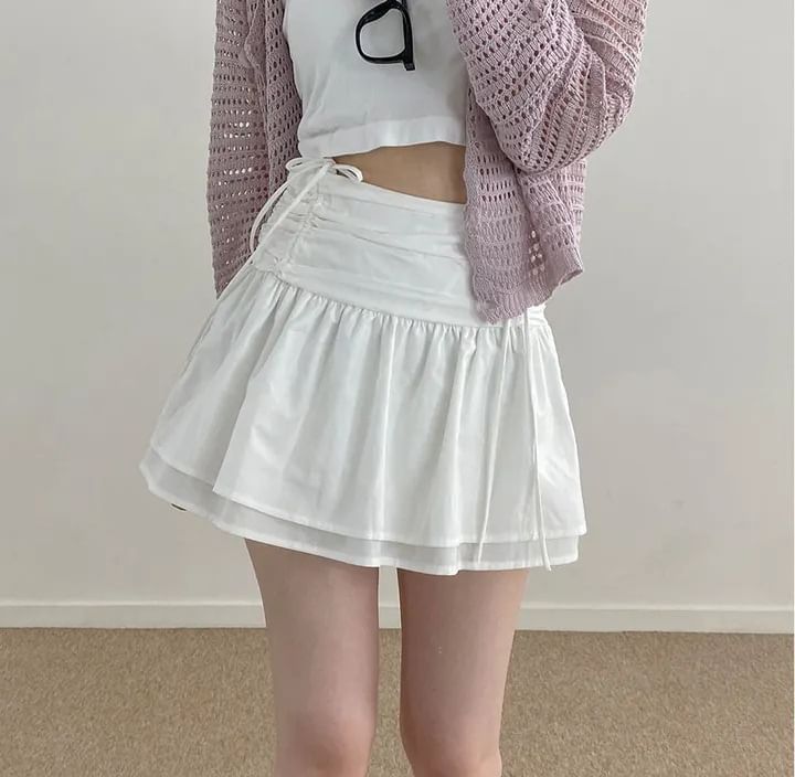 High Waist Plain Ruched Mini Layered A-Line Skirt
