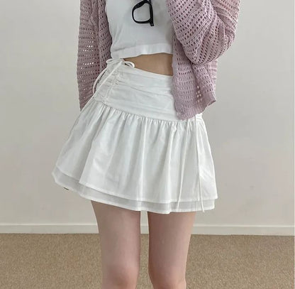 High Waist Plain Ruched Mini Layered A-Line Skirt