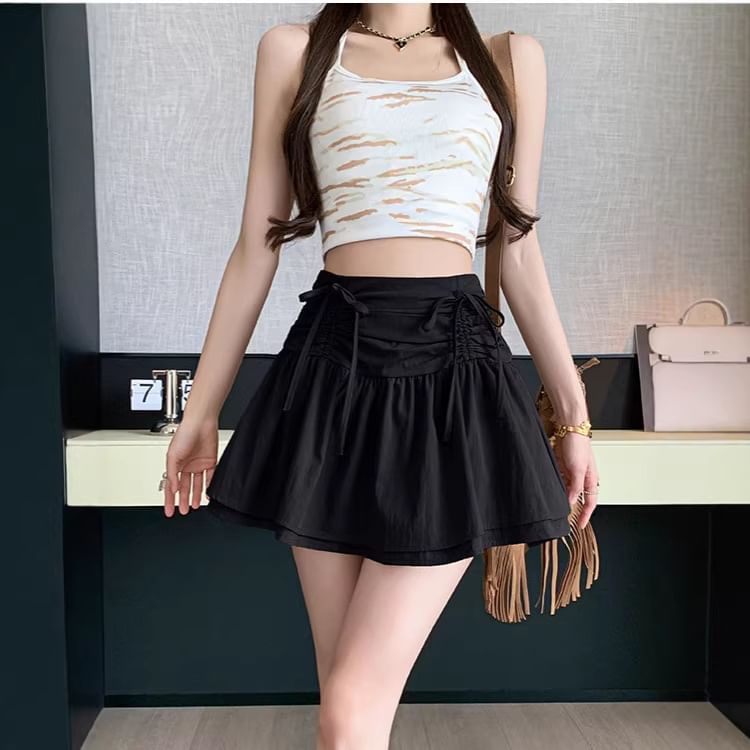 High Waist Plain Ruched Mini Layered A-Line Skirt