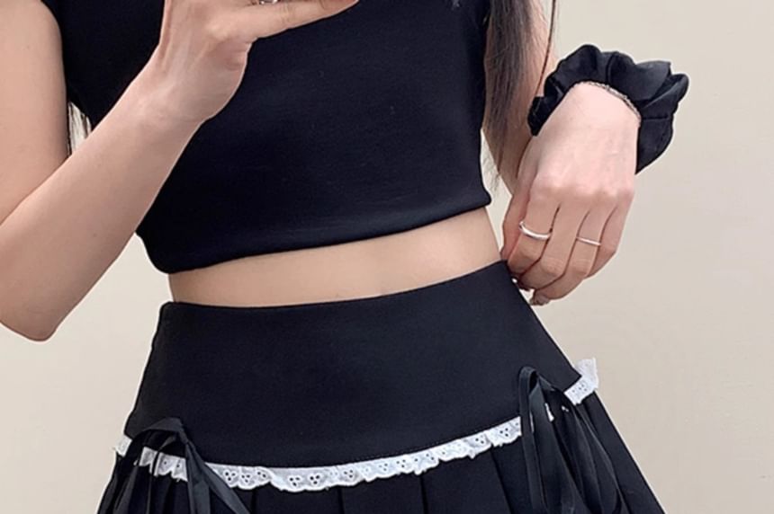 High Waist Lace-Trim Mini Pleated A-Line Skirt