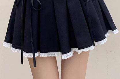 High Waist Lace-Trim Mini Pleated A-Line Skirt