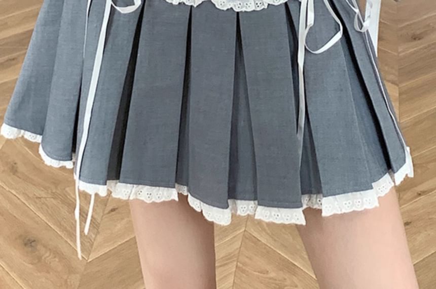 High Waist Lace-Trim Mini Pleated A-Line Skirt