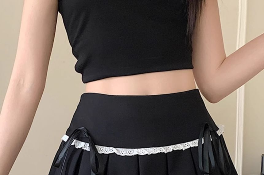 High Waist Lace-Trim Mini Pleated A-Line Skirt