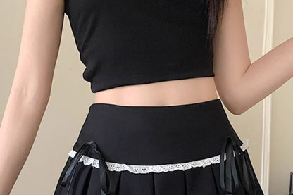 High Waist Lace-Trim Mini Pleated A-Line Skirt