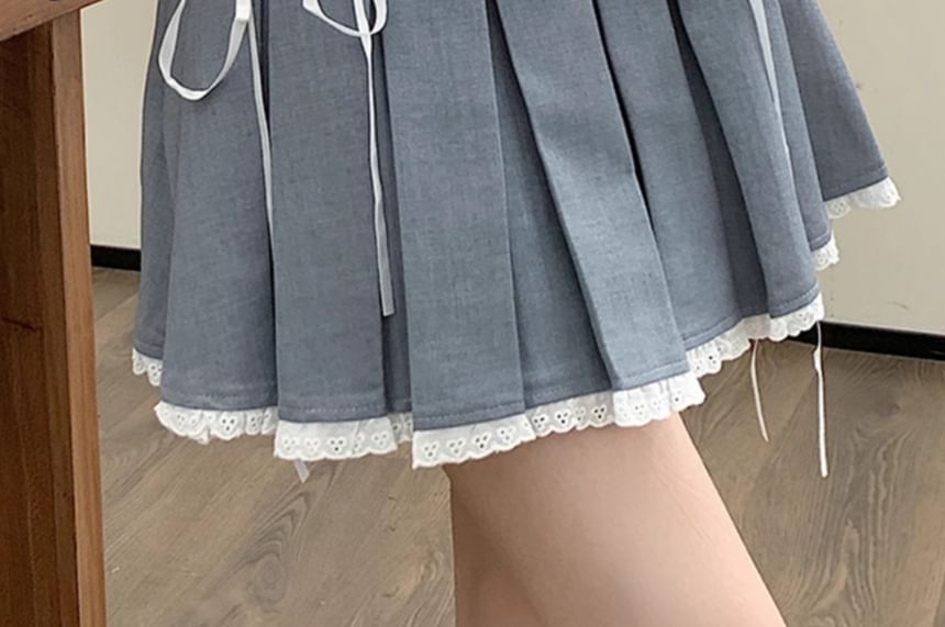High Waist Lace-Trim Mini Pleated A-Line Skirt