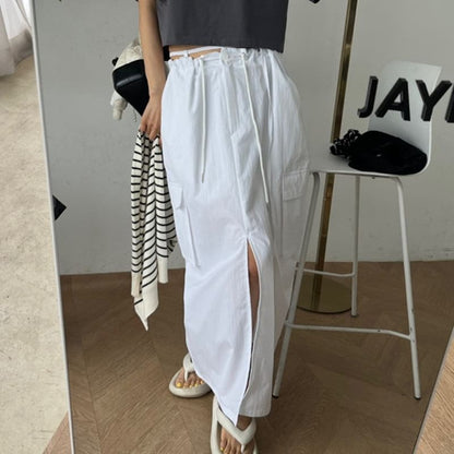 Low Waist Plain Slit Cargo Maxi Pencil Skirt
