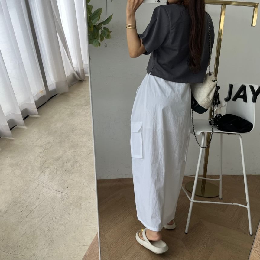 Low Waist Plain Slit Cargo Maxi Pencil Skirt