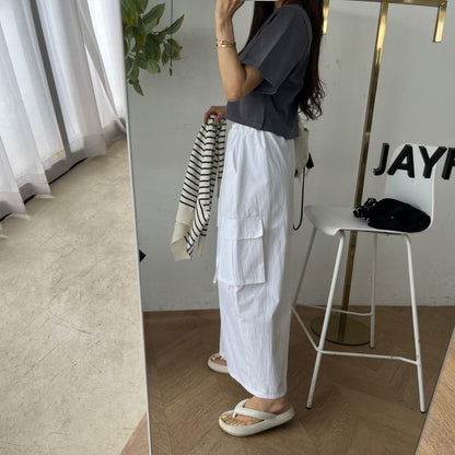 Low Waist Plain Slit Cargo Maxi Pencil Skirt
