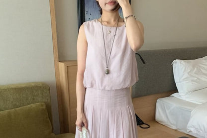 Set: Crewneck Plain Tank Top + High Waist Maxi A-Line Skirt