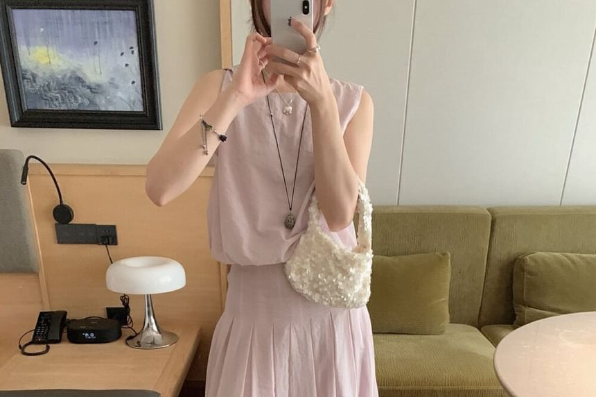 Set: Crewneck Plain Tank Top + High Waist Maxi A-Line Skirt