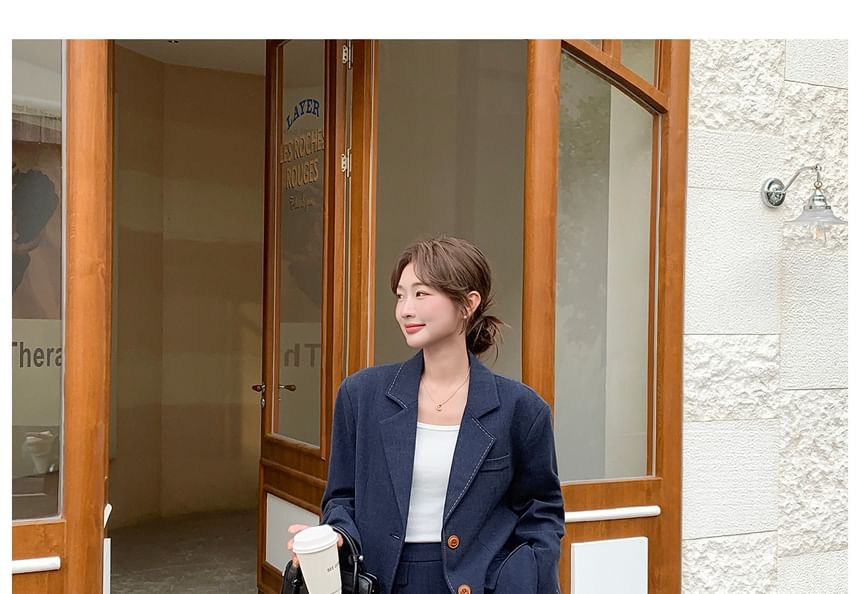 Set: Lapel Collar Stitching Single Breasted Blazer + High Waist Mini Pleated Skirt