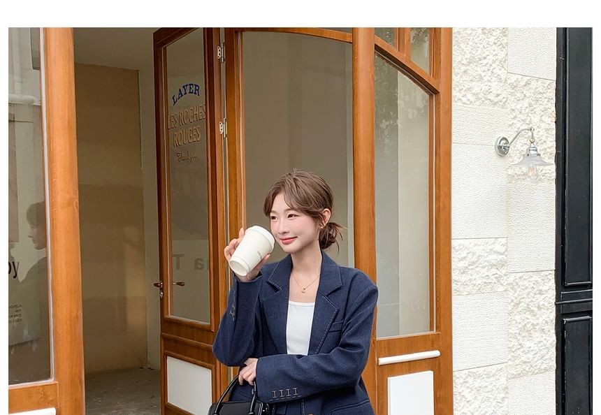 Set: Lapel Collar Stitching Single Breasted Blazer + High Waist Mini Pleated Skirt