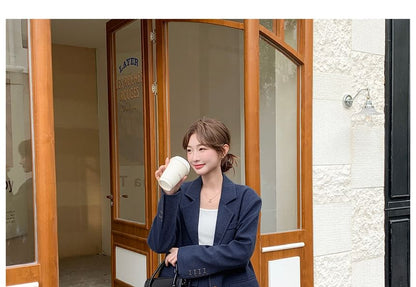 Set: Lapel Collar Stitching Single Breasted Blazer + High Waist Mini Pleated Skirt