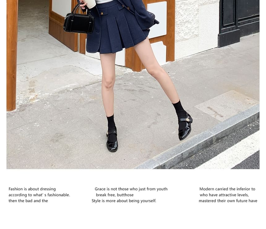Set: Lapel Collar Stitching Single Breasted Blazer + High Waist Mini Pleated Skirt