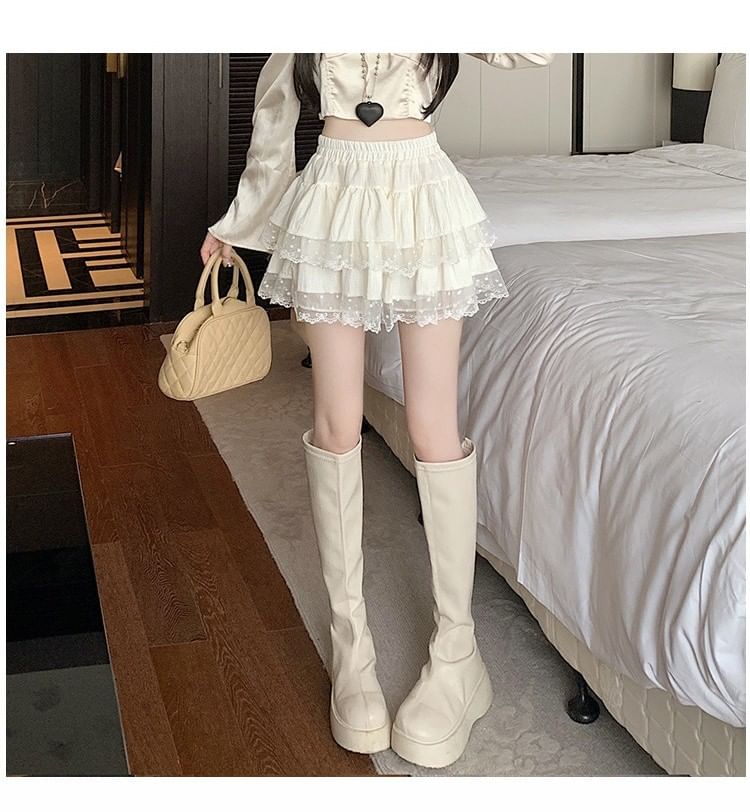 High Waist Lace Panel Layered Mini A-Line Skirt