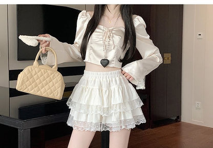 High Waist Lace Panel Layered Mini A-Line Skirt