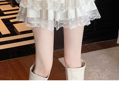 High Waist Lace Panel Layered Mini A-Line Skirt