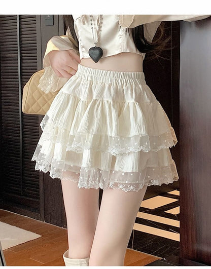 High Waist Lace Panel Layered Mini A-Line Skirt