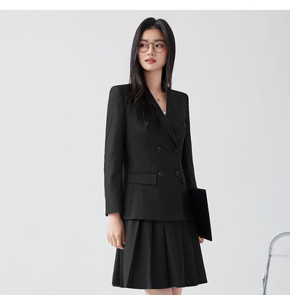 Double Breasted Plain Blazer / Mini Pleated Skirt / Set