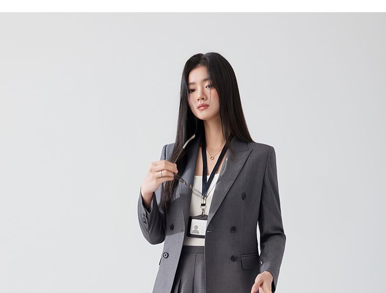 Double Breasted Plain Blazer / Mini Pleated Skirt / Set