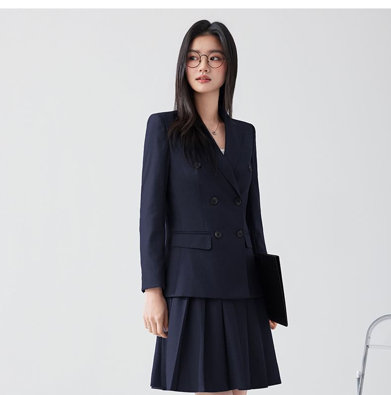 Double Breasted Plain Blazer / Mini Pleated Skirt / Set