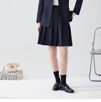 Double Breasted Plain Blazer / Mini Pleated Skirt / Set