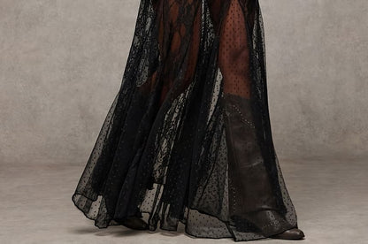 Low Rise See-Through Lace Maxi A-Line Skirt