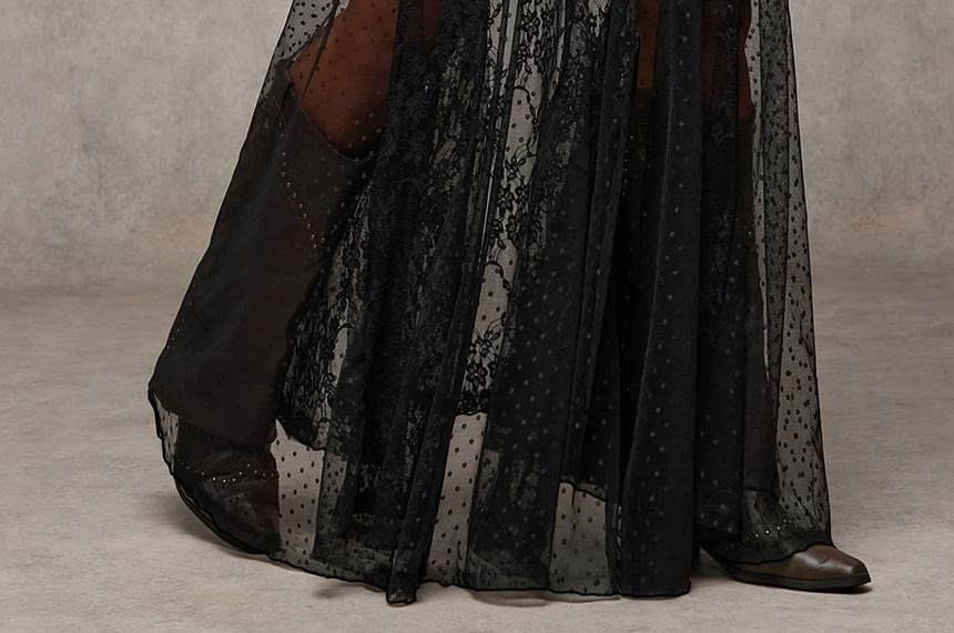 Low Rise See-Through Lace Maxi A-Line Skirt