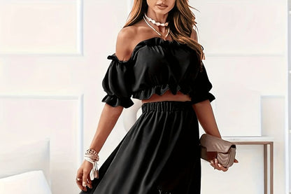 Set: Puff-Sleeve Off-Shoulder Plain Ruffle Trim Crop Top + High Waist High Low A-Line Skirt