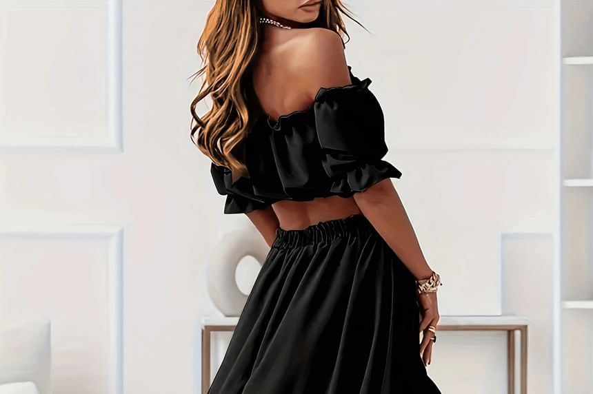 Set: Puff-Sleeve Off-Shoulder Plain Ruffle Trim Crop Top + High Waist High Low A-Line Skirt
