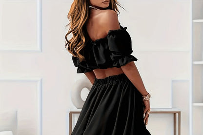 Set: Puff-Sleeve Off-Shoulder Plain Ruffle Trim Crop Top + High Waist High Low A-Line Skirt
