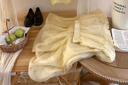 Mid Rise Sheer Panel Midi A-Line Skirt